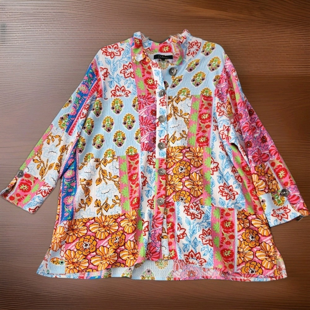 Calessa Crinkle Woven Button Front 3/4 Sleeve Artsy Colorful Boho Top 1X NWT
